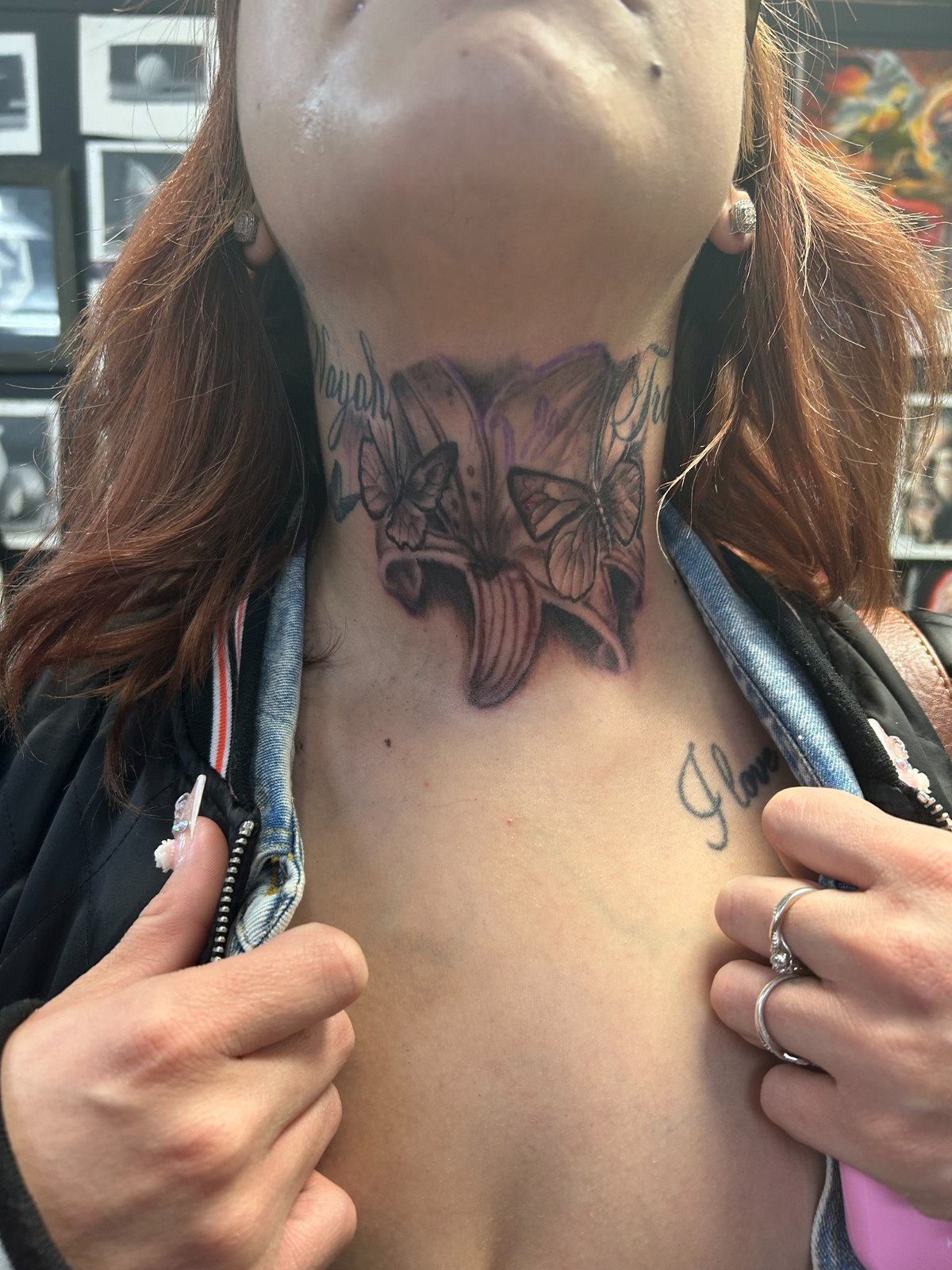 Neck butterfly corrective tattoo work by Joshua Cole
