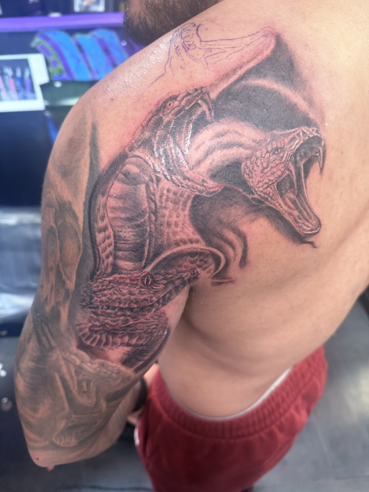 Black and grey realism snake sleeve tattoo Las Vegas — Cover-Up Tattoos in Vegas at Work of Art Tattoo & Piercing, Las Vegas