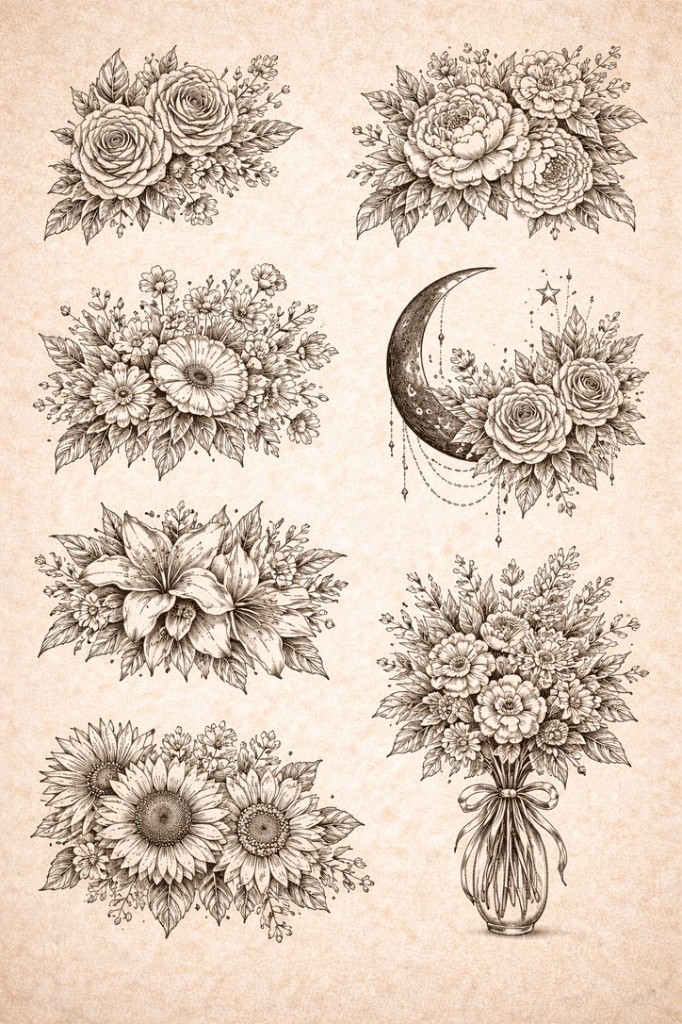 Botanical & celestial — palm-size flash tattoo under $100, Work of Art Las Vegas