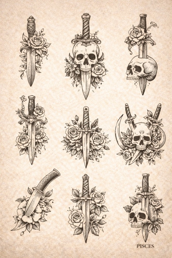 Dagger · skull · rose set — palm-size flash tattoo under $100, Work of Art Las Vegas