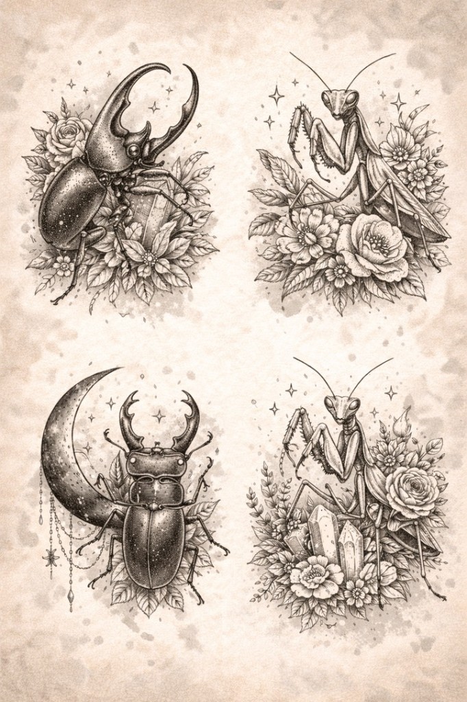 Insects & crystals — palm-size flash tattoo under $100, Work of Art Las Vegas