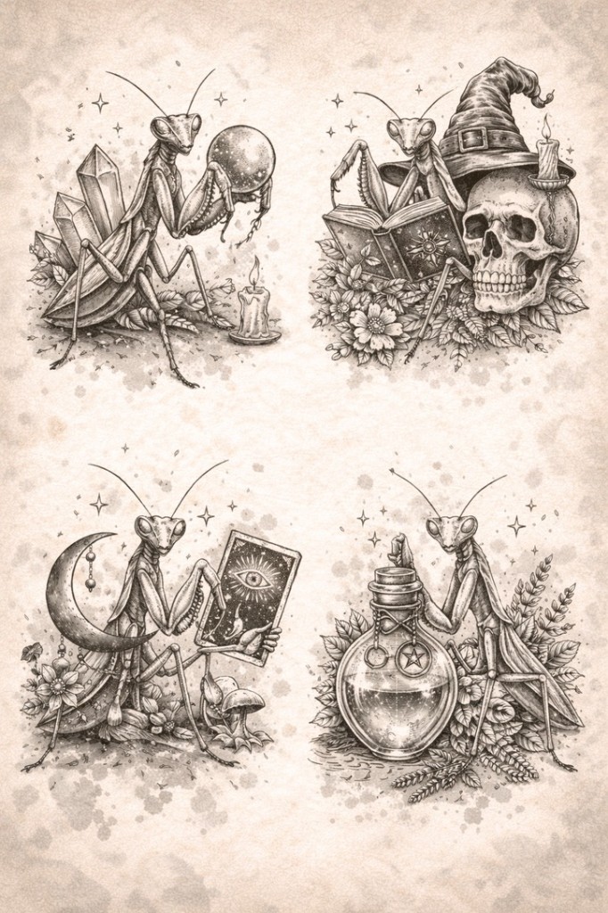 Mystical mantis set — palm-size flash tattoo under $100, Work of Art Las Vegas