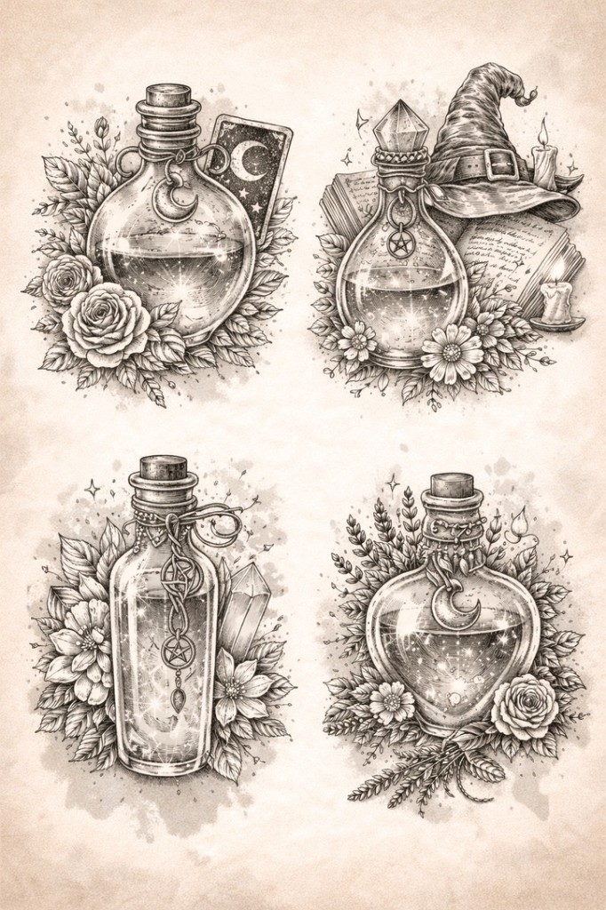 Potion bottles · witchy — palm-size flash tattoo under $100, Work of Art Las Vegas