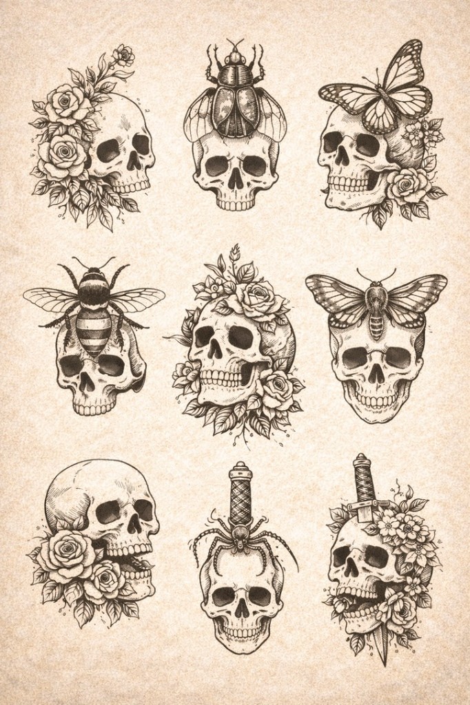 Skull & insect grid — palm-size flash tattoo under $100, Work of Art Las Vegas