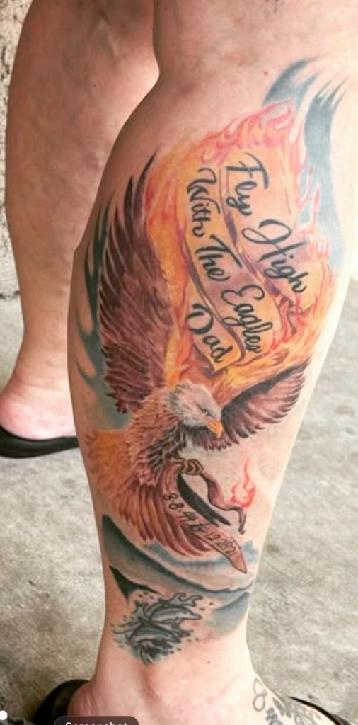 Healed color eagle memorial calf tattoo months later, Work of Art Las Vegas