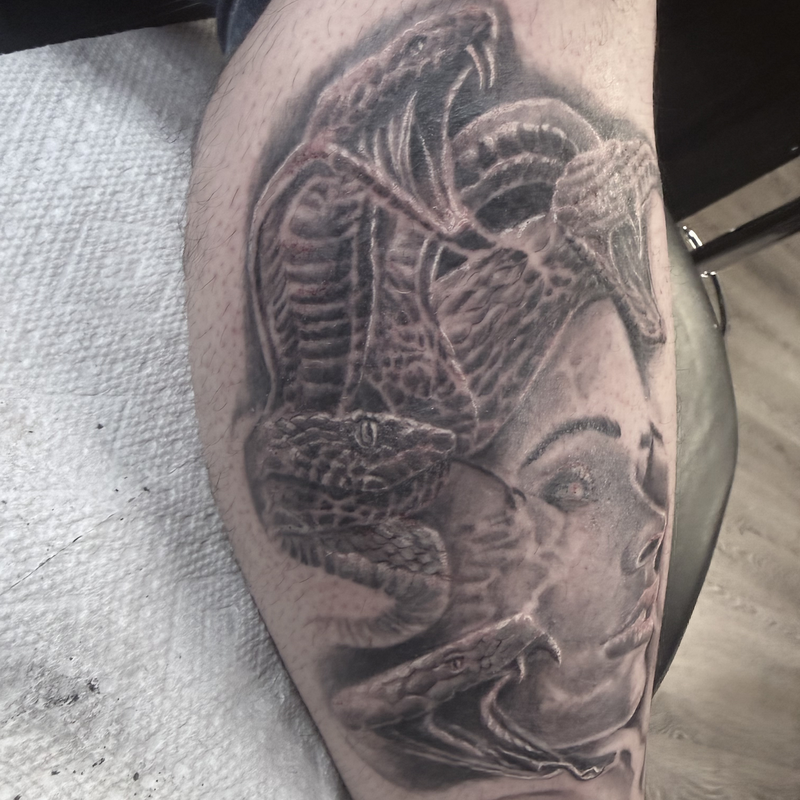 Healed portrait medusa portrait forearm tattoo by Joshua Cole, forearm — Work of Art Las Vegas
