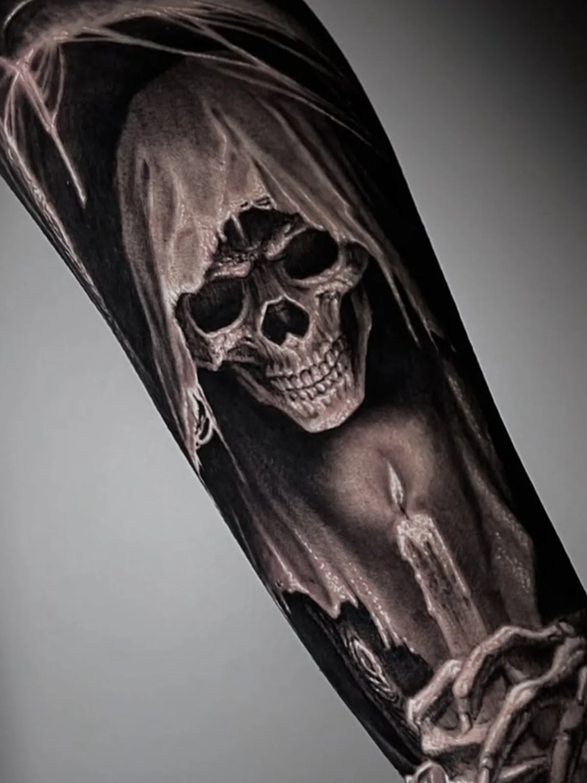 Black and grey skull and candle realism tattoo — Work of Art Tattoo Las Vegas