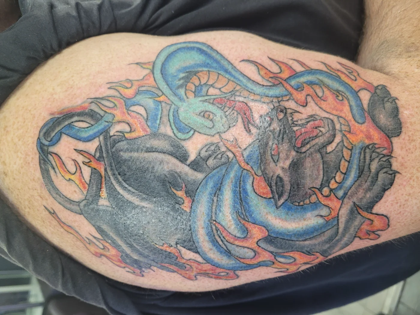 color panther snake flames upper arm las vegas — Las Vegas tattoo portfolio at Work of Art