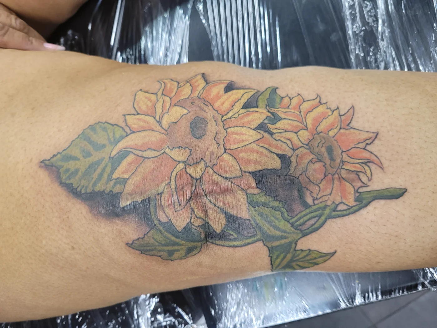 Healed color sunflower cover-up tattoo on leg — Work of Art Tattoo Las Vegas