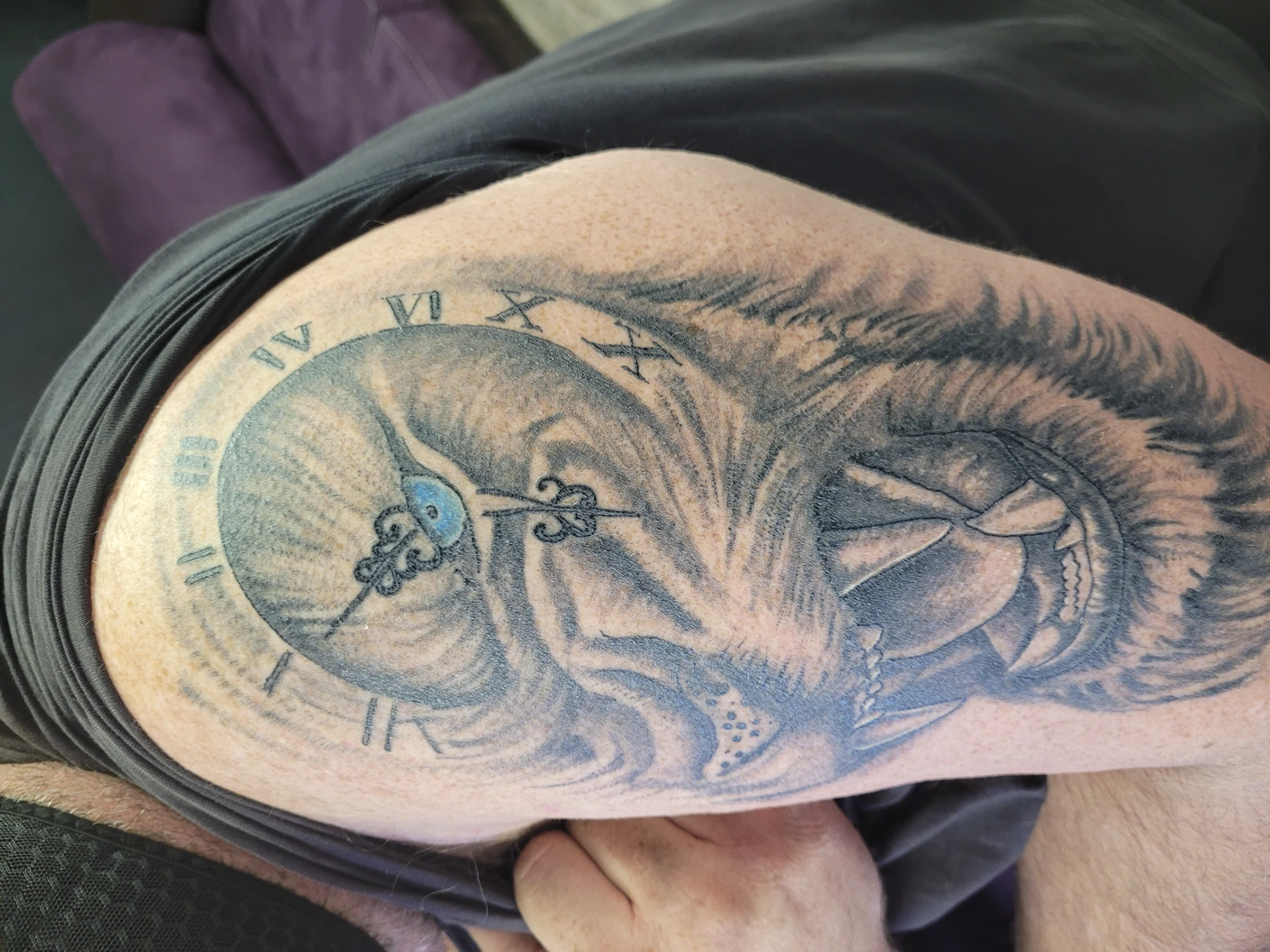 hero lion clock realism shoulder tattoo — Las Vegas tattoo portfolio at Work of Art