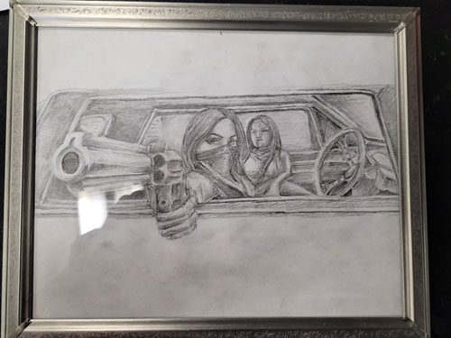 "Drive by" — graphite, framed — Joshua Cole original art, Work of Art Las Vegas, Work of Art Tattoo & Piercing, Las Vegas