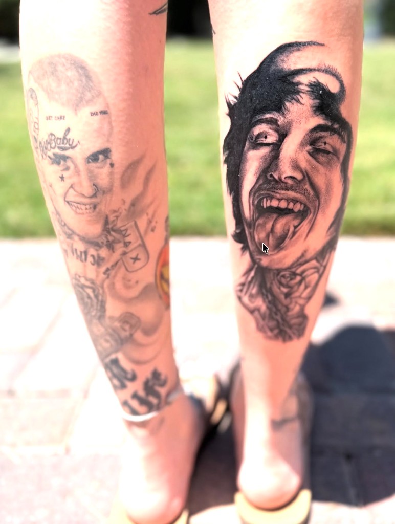 Matching black-grey calf portraits of Lil Peep and a tongue-out rock singer with neck rose — Joshua Cole, Work of Art Las Vegas