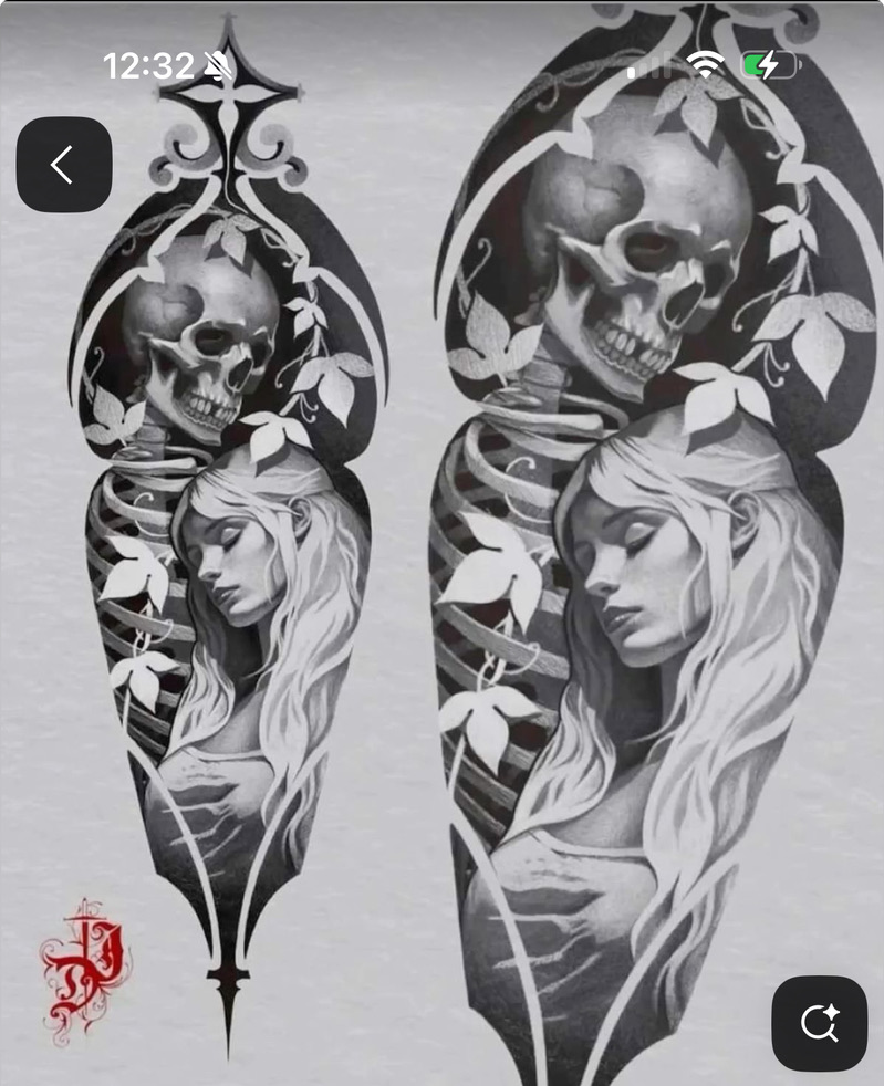 Gothic skull and feminine portrait in ornate frame — Joshua Cole custom design, available to book