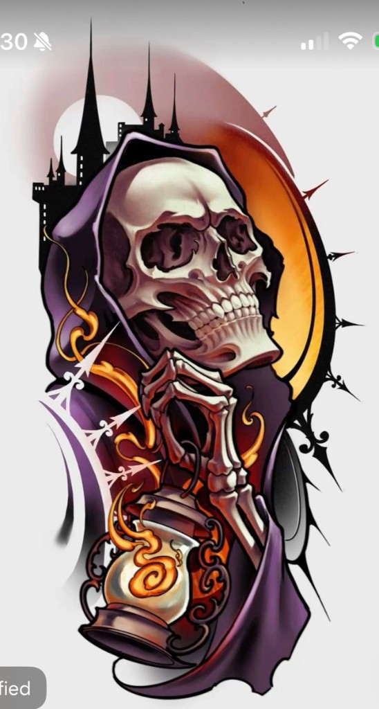 Grim reaper with purple cloak and glowing lantern — custom design by Joshua Cole, available to book