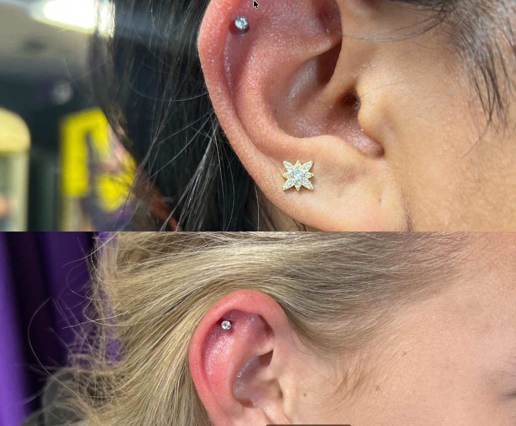 Fresh helix stud and gold starburst lobe earring shown on two separate client ears — Joshua Cole, Work of Art Las Vegas