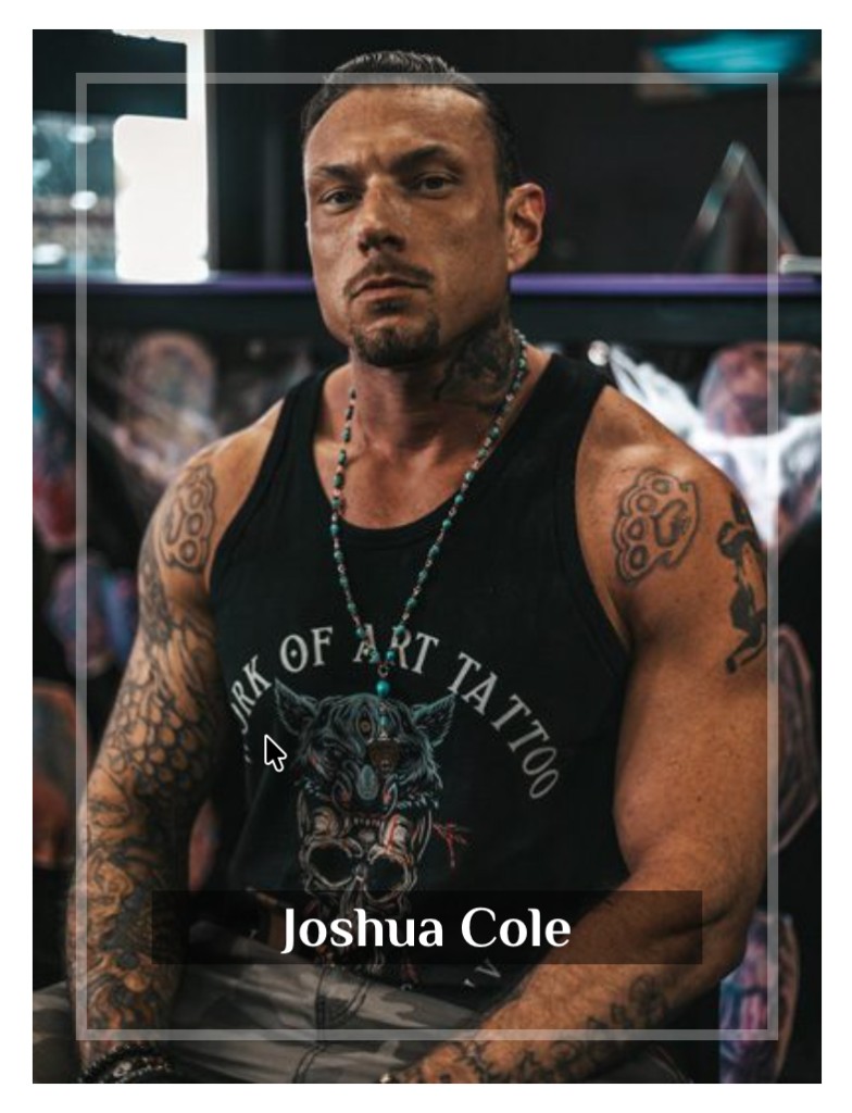 Joshua Cole in branded tank top showing neck tattoos and full black-grey arm sleeve — Joshua Cole, Work of Art Las Vegas