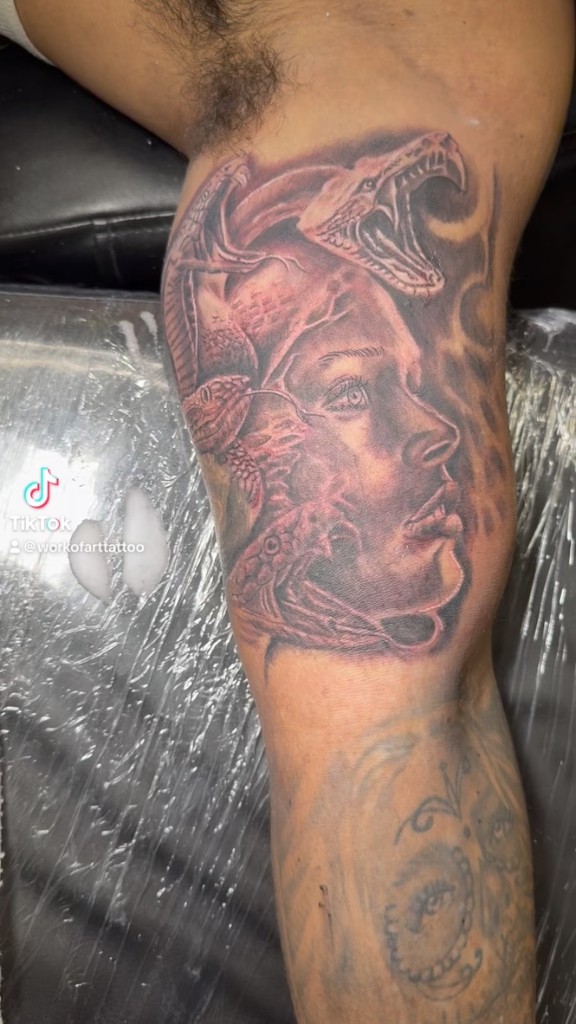 Fresh black and grey Medusa realism forearm tattoo — Joshua Cole, Work of Art Las Vegas