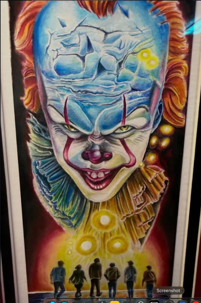 Color Pennywise portrait with cracked forehead, ruffled collar and Losers Club below — Joshua Cole, Work of Art Las Vegas