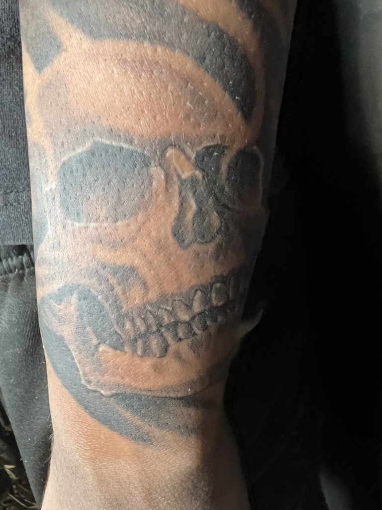 Three-quarter black and grey skull with smoky shading on forearm. — Joshua Cole, Work of Art Las Vegas