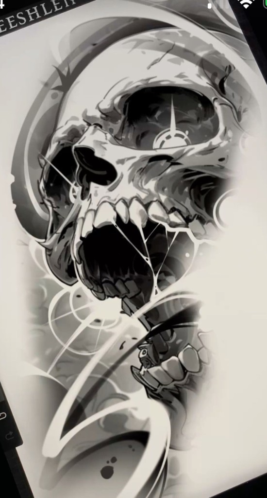 High-contrast skull illustration with graphic lens flare — Joshua Cole custom design, available to book