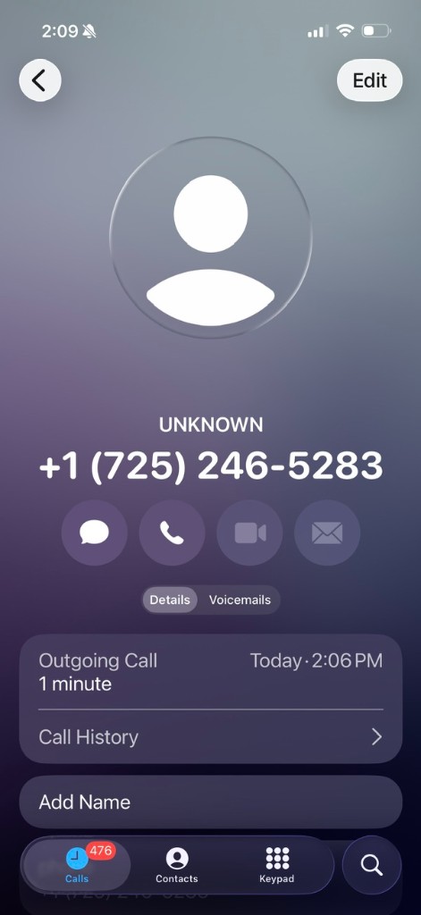 iPhone contact screen listing studio line +1 (725) 246-5283 under unknown caller — Joshua Cole, Work of Art Las Vegas