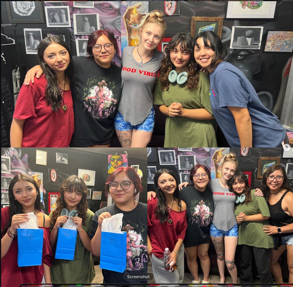 Collage of smiling women posing before flash-covered walls holding small blue gift bags — Joshua Cole, Work of Art Las Vegas