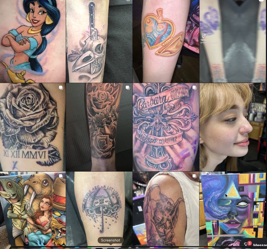 Studio grid collage showing color, blackwork, and realism tattoo samples. — Joshua Cole, Work of Art Las Vegas