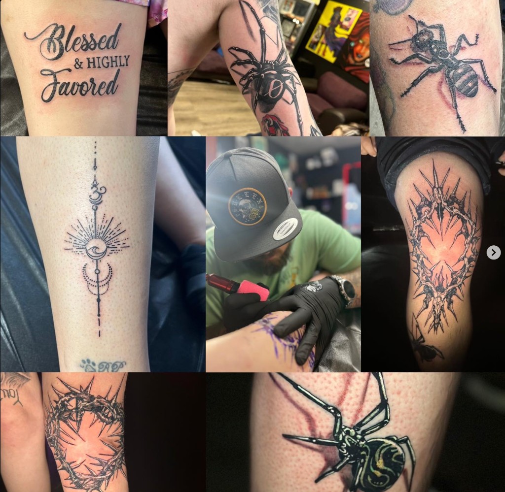 Collage of script, spider, ant, geometric and thorn tattoos plus Joshua tattooing a client — Joshua Cole, Work of Art Las Vegas