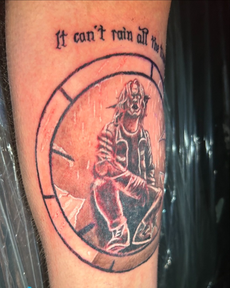 Eric Draven Crow tattoo with gothic quote — black and grey illustrative work by Joshua Cole, Work of Art Las Vegas