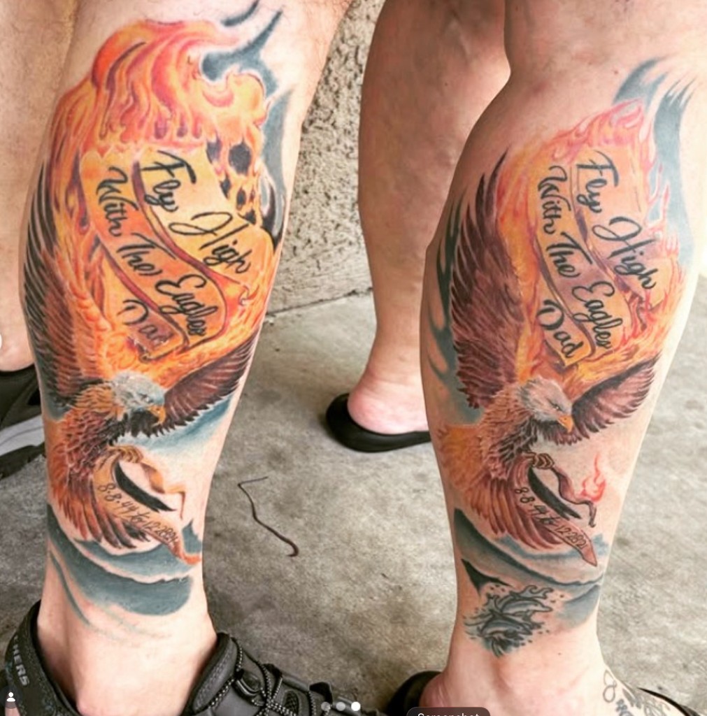 Eagle memorial calf tattoos — fresh vs healed comparison, Work of Art Las Vegas